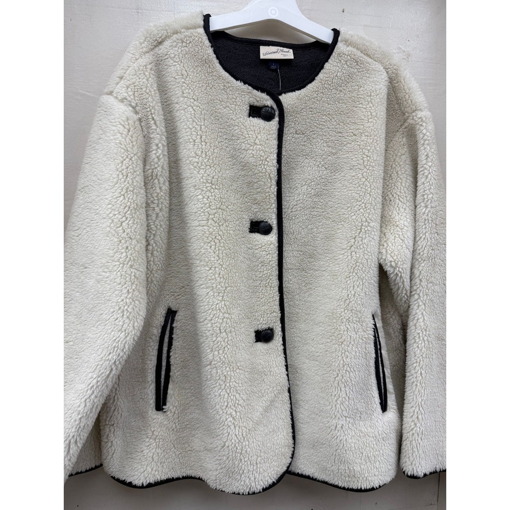#71 Universal Thread Women Sherpa Coat Beige Black Trim Button Front Jacket L